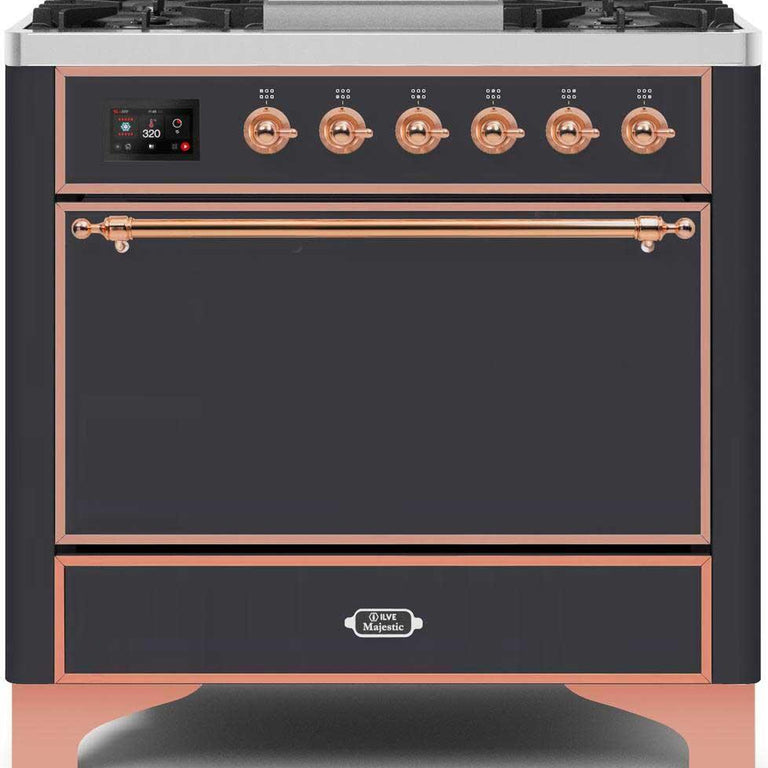 ILVE Majestic II 36" Propane Gas Burner, Electric Oven Range in Matte Graphite with Copper Trim, UM09FDQNS3MGPLP