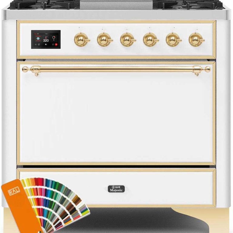ILVE Majestic II 36" Propane Gas Burner, Electric Oven Range in Custom RAL Color with Brass Trim, UM09FDQNS3RALGLP