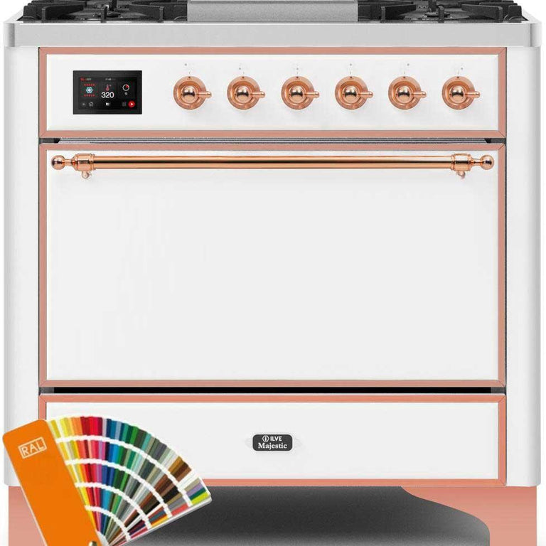 ILVE Majestic II 36" Natural Gas Burner, Electric Oven Range in Custom RAL Color with Copper Trim, UM09FDQNS3RALPNG