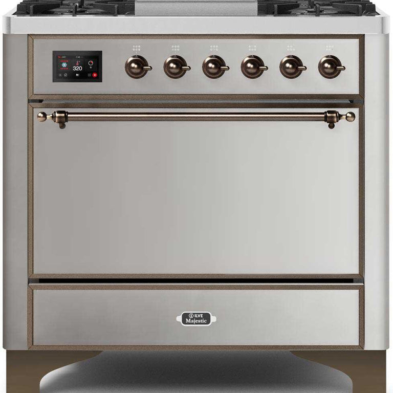 ILVE Majestic II 36" Propane Gas Burner, Electric Oven Range in Stainless Steel with Bronze Trim, UM09FDQNS3SSBLP