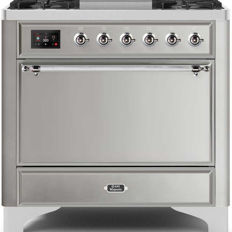 ILVE Majestic II 36" Natural Gas Burner, Electric Oven Range in Stainless Steel with Chrome Trim, UM09FDQNS3SSCNG