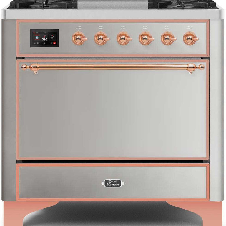 ILVE Majestic II 36" Propane Gas Burner, Electric Oven Range in Stainless Steel with Copper Trim, UM09FDQNS3SSPLP