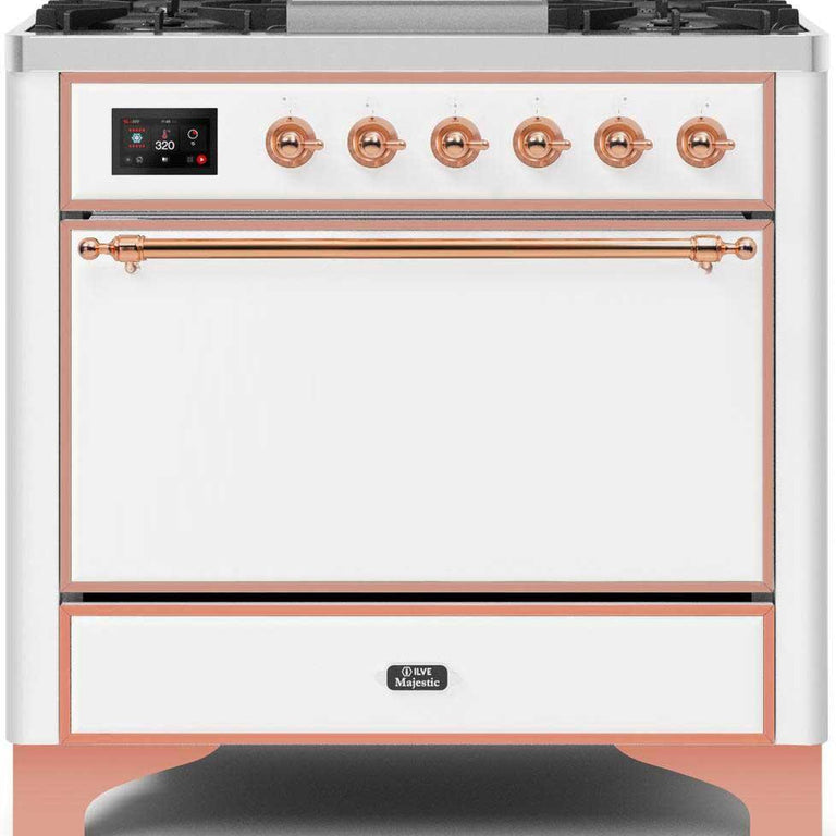 ILVE Majestic II 36" Natural Gas Burner, Electric Oven Range in White with Copper Trim, UM09FDQNS3WHPNG