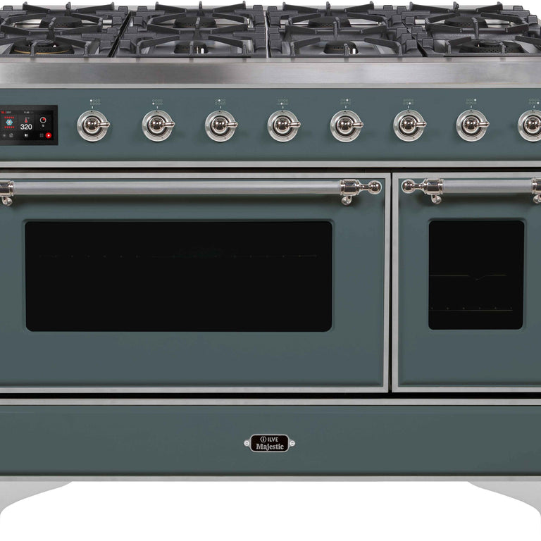 ILVE Majestic II 48" Propane Gas Burner, Electric Oven Range in Blue Grey with Chrome Trim, UM12FDNS3BGCLP