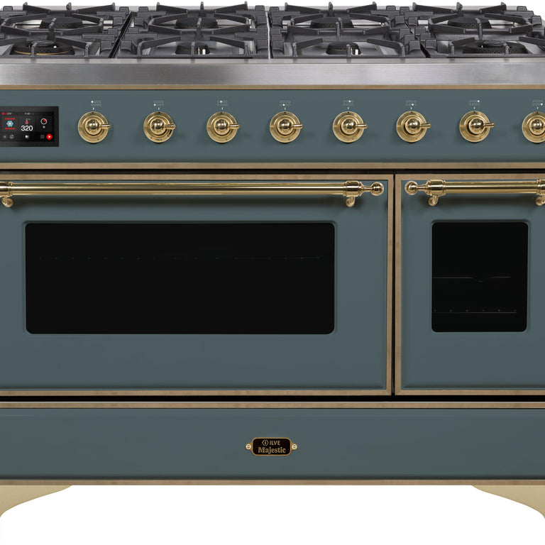 ILVE Majestic II 48" Natural Gas Burner, Electric Oven Range in Blue Grey with Brass Trim, UM12FDNS3BGGNG