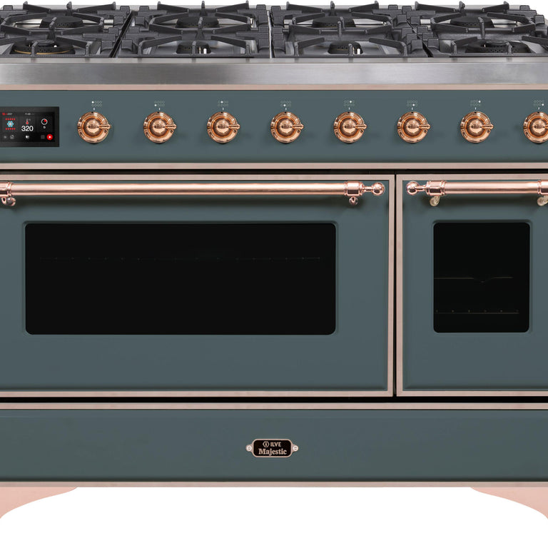 ILVE Majestic II 48" Natural Gas Burner, Electric Oven Range in Blue Grey with Copper Trim, UM12FDNS3BGPNG