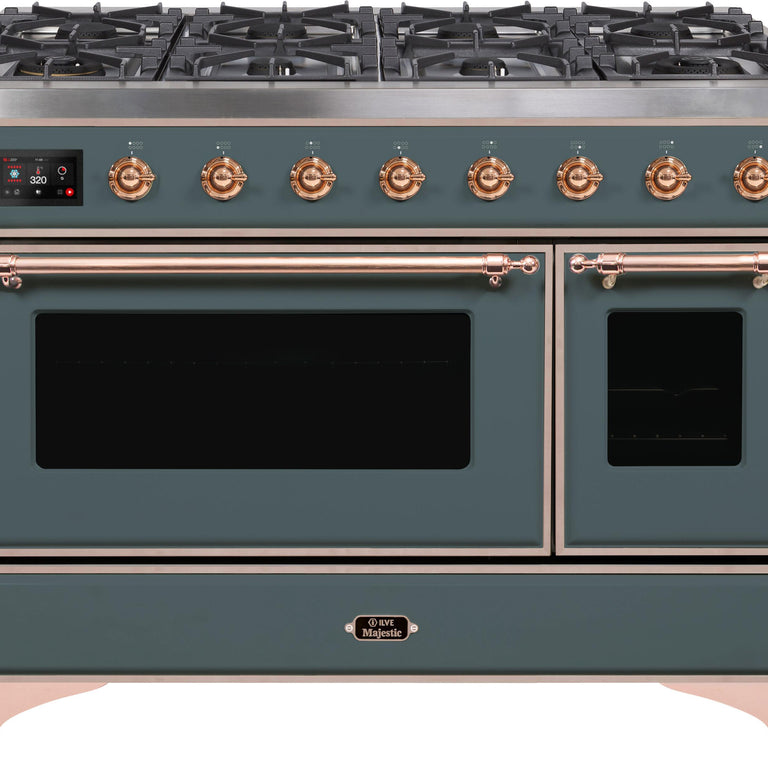 ILVE Majestic II 48" Propane Gas Burner, Electric Oven Range in Blue Grey with Copper Trim, UM12FDNS3BGPLP