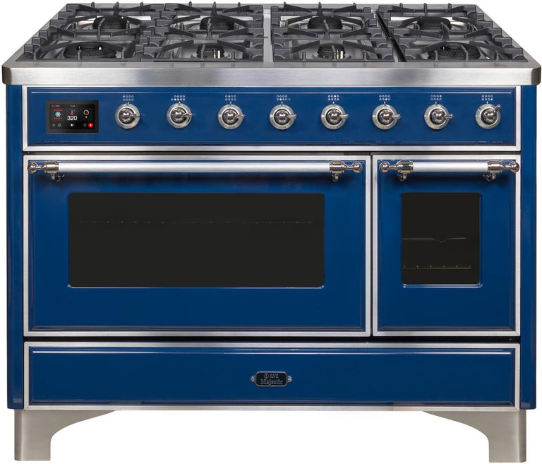ILVE 48 in. Majestic II Series Natural Gas Burner and Double Electric Oven in Midnight Blue with Chrome Trim, UM12FDNS3MBCNG