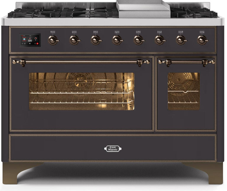 ILVE 48 in. Majestic II Series Propane Gas Burner and Electric Oven Range in Matte Graphite with Bronze Trim, UM12FDNS3MGBLP
