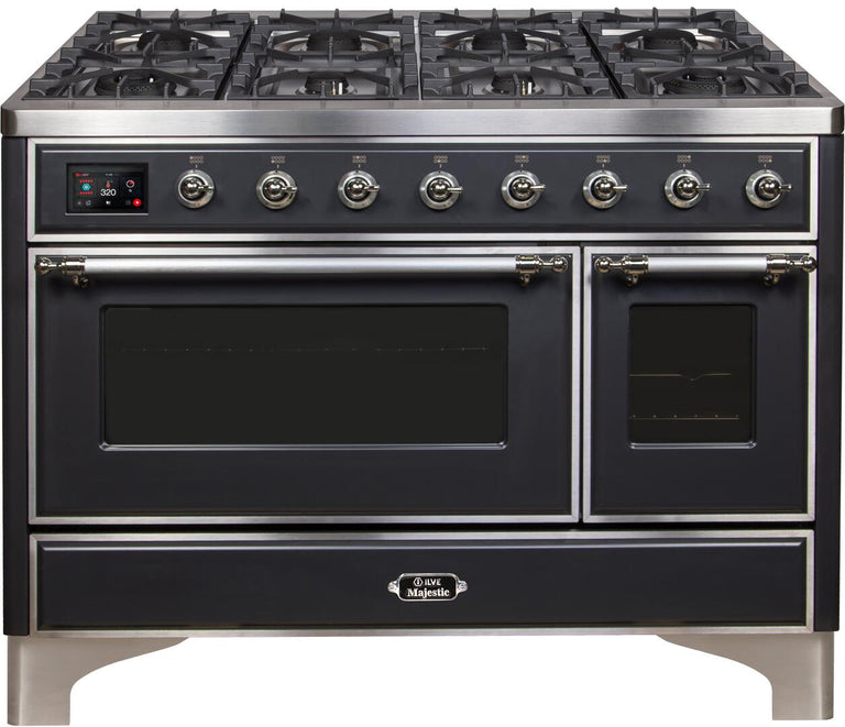 ILVE 48 in. Majestic II Series Natural Gas Burner and Double Electric Oven in Matte Graphite with Chrome Trim, UM12FDNS3MGCNG