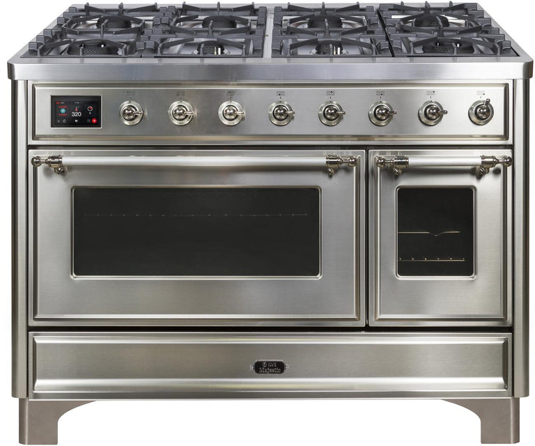 ILVE 48 in. Majestic II Series Natural Gas Burner and Double Electric Oven in Stainless Steel with Chrome Trim, UM12FDNS3SSCNG
