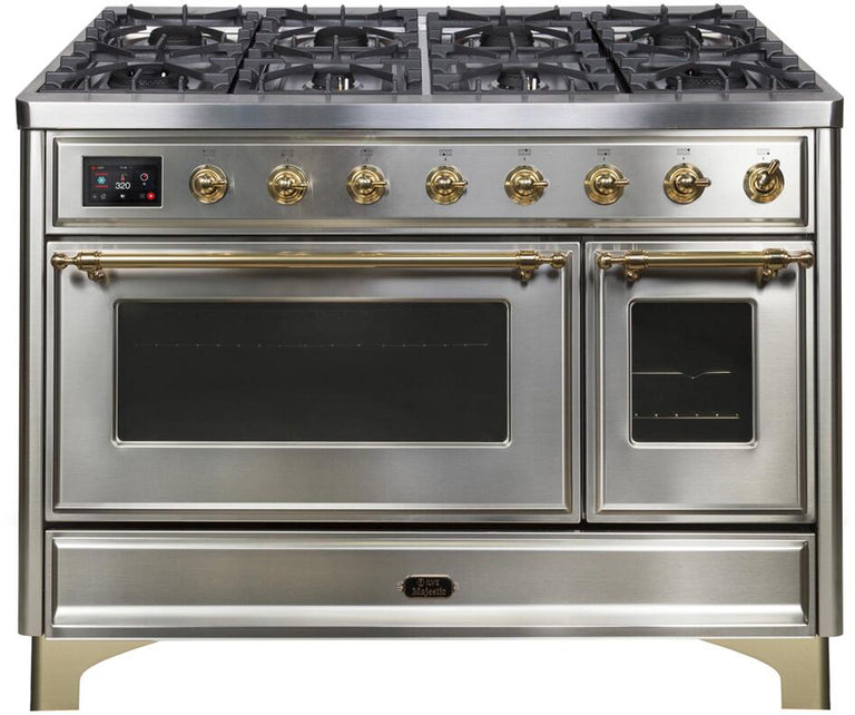ILVE 48 in. Majestic II Series Natural Gas Burner and Double Electric Oven in Stainless Steel with Brass Trim, UM12FDNS3SSGNG
