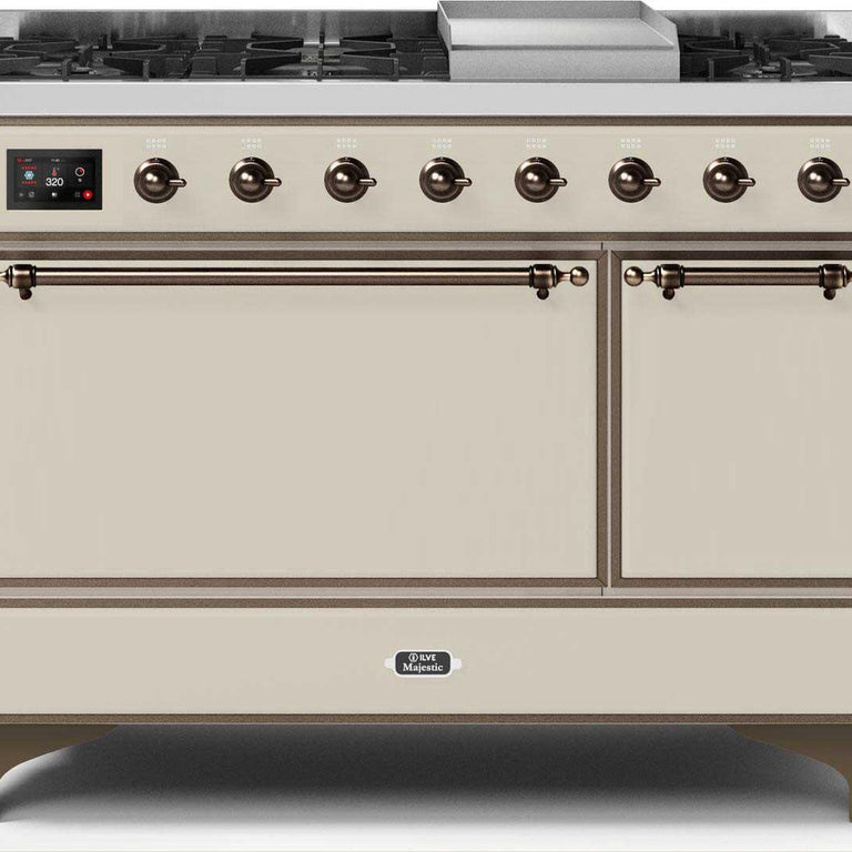ILVE Majestic II 48" Propane Gas Burner, Electric Oven Range in Antique White with Bronze Trim, UM12FDQNS3AWBLP