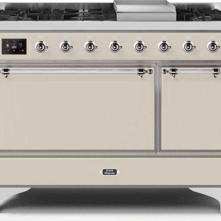 ILVE Majestic II 48" Natural Gas Burner, Electric Oven Range in Antique White with Chrome Trim, UM12FDQNS3AWCNG