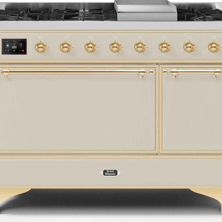 ILVE Majestic II 48" Natural Gas Burner, Electric Oven Range in Antique White with Brass Trim, UM12FDQNS3AWGNG