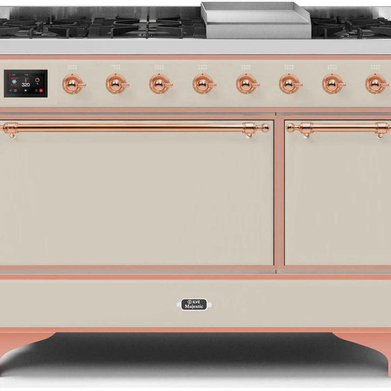 ILVE Majestic II 48" Propane Gas Burner, Electric Oven Range in Antique White with Copper Trim, UM12FDQNS3AWPLP