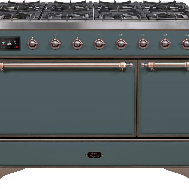 ILVE Majestic II 48" Natural Gas Burner, Electric Oven Range in Blue Grey with Bronze Trim, UM12FDQNS3BGBNG