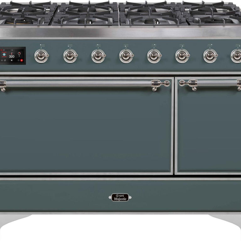 ILVE Majestic II 48" Propane Gas Burner, Electric Oven Range in Blue Grey with Chrome Trim, UM12FDQNS3BGCLP