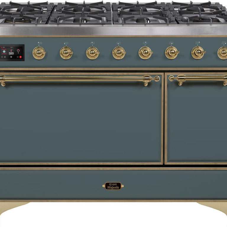 ILVE Majestic II 48" Propane Gas Burner, Electric Oven Range in Blue Grey with Brass Trim, UM12FDQNS3BGGLP