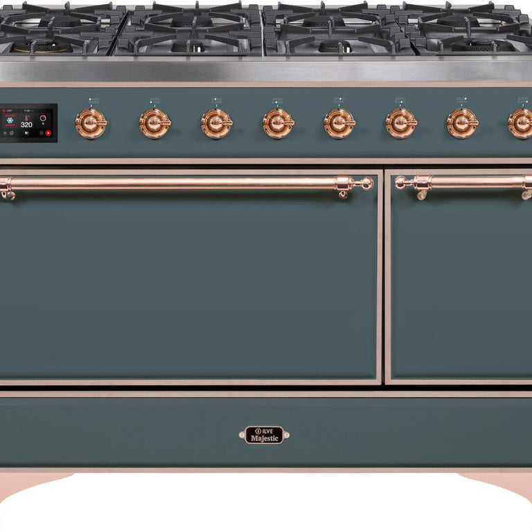 ILVE Majestic II 48" Natural Gas Burner, Electric Oven Range in Blue Grey with Copper Trim, UM12FDQNS3BGPNG