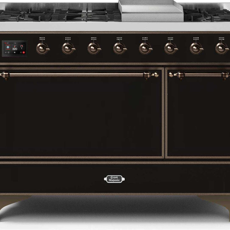 ILVE Majestic II 48" Natural Gas Burner, Electric Oven Range in Glossy Black with Bronze Trim, UM12FDQNS3BKBNG