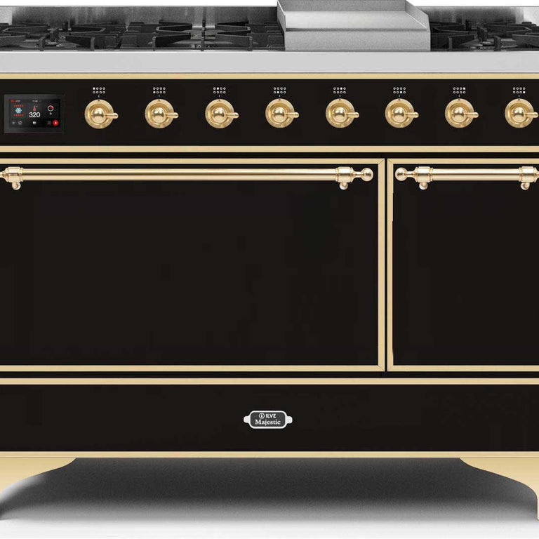 ILVE Majestic II 48" Natural Gas Burner, Electric Oven Range in Glossy Black with Brass Trim, UM12FDQNS3BKGNG