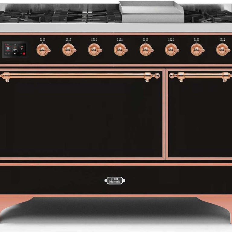 ILVE Majestic II 48" Propane Gas Burner, Electric Oven Range in Glossy Black with Copper Trim, UM12FDQNS3BKPLP