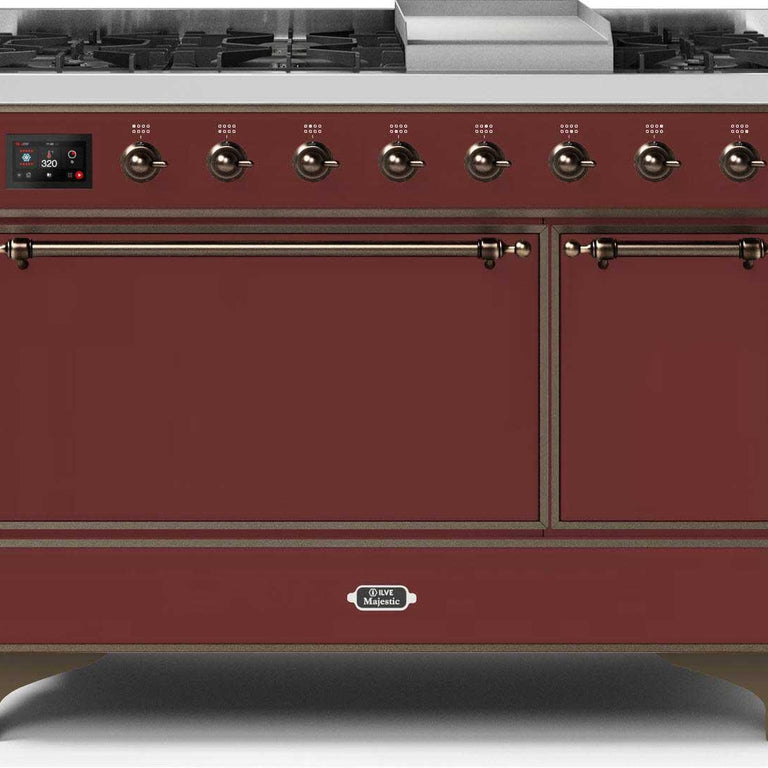 ILVE Majestic II 48" Natural Gas Burner, Electric Oven Range in Burgundy with Bronze Trim, UM12FDQNS3BUBNG