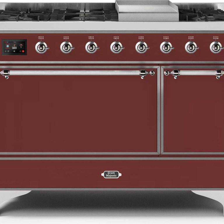 ILVE Majestic II 48" Natural Gas Burner, Electric Oven Range in Burgundy with Chrome Trim, UM12FDQNS3BUCNG