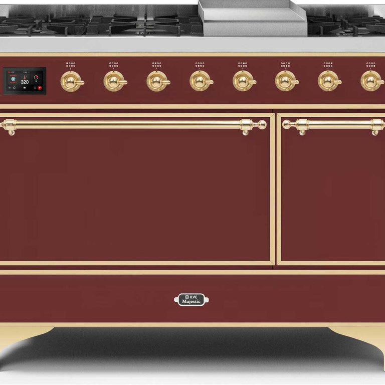 ILVE Majestic II 48" Natural Gas Burner, Electric Oven Range in Burgundy with Brass Trim, UM12FDQNS3BUGNG