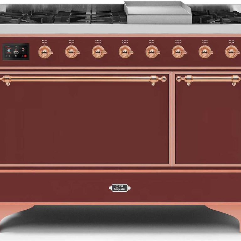 ILVE Majestic II 48" Natural Gas Burner, Electric Oven Range in Burgundy with Copper Trim, UM12FDQNS3BUPNG
