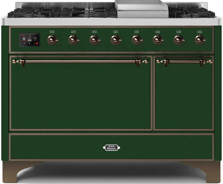 ILVE Majestic II 48" Propane Gas Burner, Electric Oven Range in Emerald Green with Bronze Trim, UM12FDQNS3EGBLP