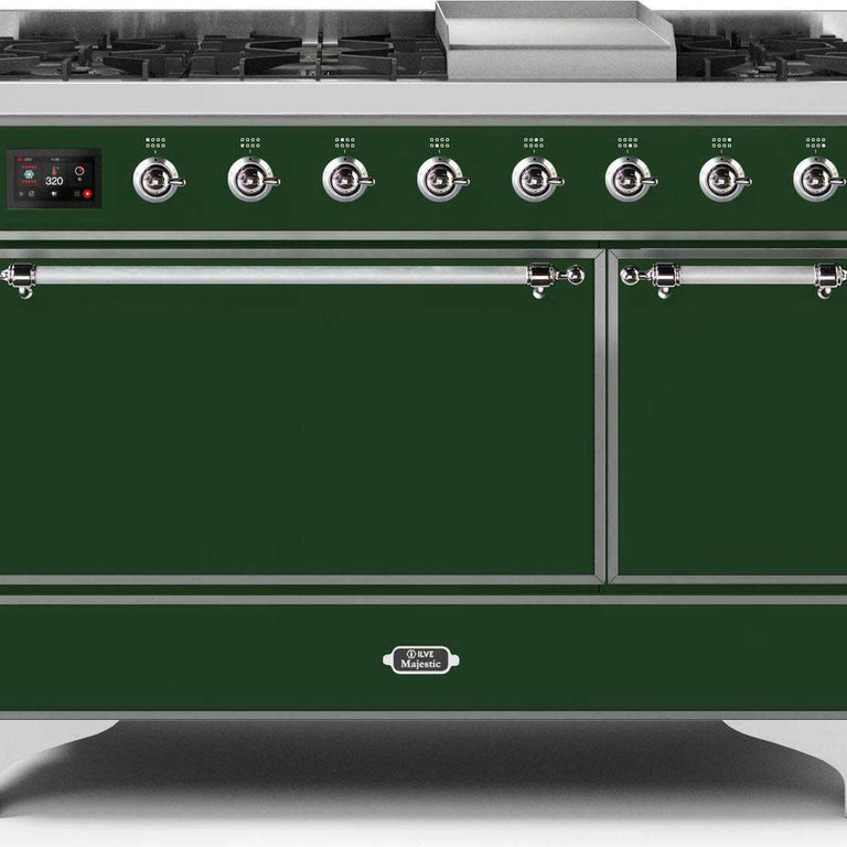 ILVE Majestic II 48" Natural Gas Burner, Electric Oven Range in Emerald Green with Chrome Trim, UM12FDQNS3EGCNG