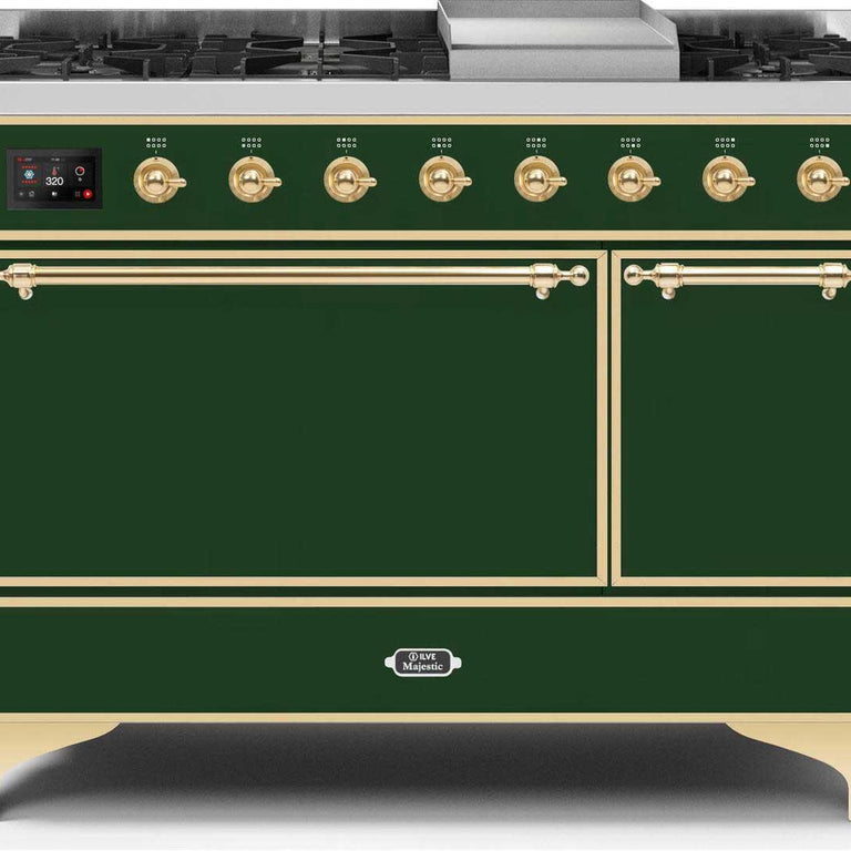 ILVE Majestic II 48" Propane Gas Burner, Electric Oven Range in Emerald Green with Brass Trim, UM12FDQNS3EGGLP