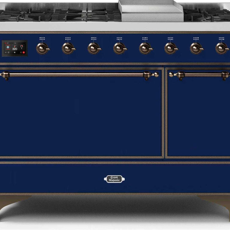 ILVE Majestic II 48" Propane Gas Burner, Electric Oven Range in Midnight Blue with Bronze Trim, UM12FDQNS3MBBLP