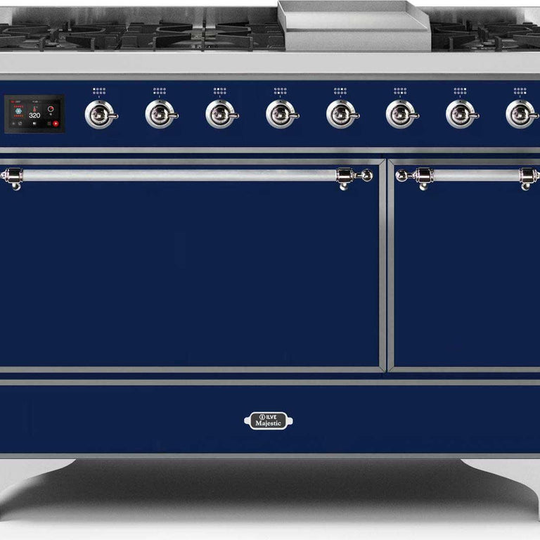 ILVE Majestic II 48" Natural Gas Burner, Electric Oven Range in Midnight Blue with Chrome Trim, UM12FDQNS3MBCNG