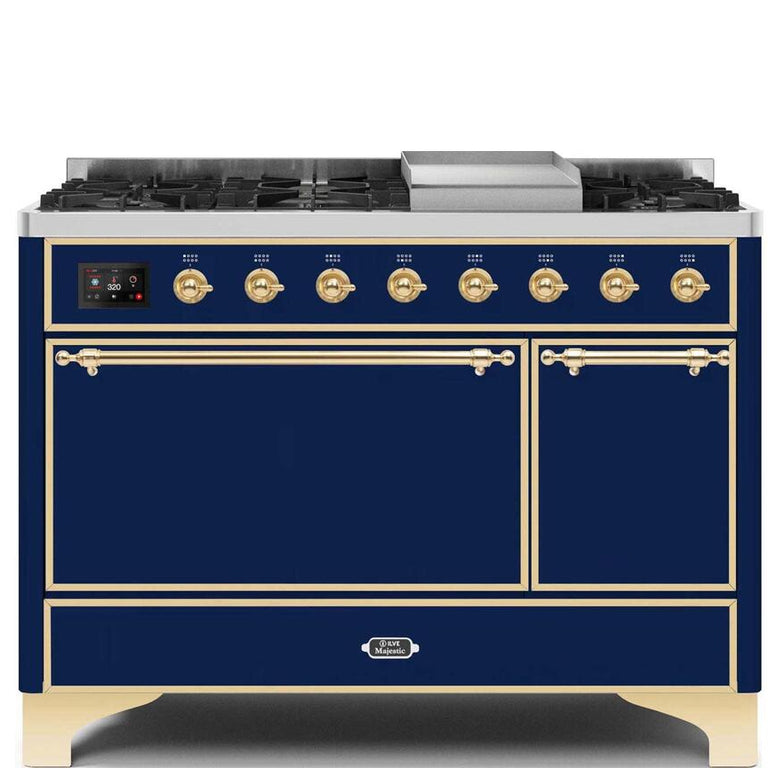 ILVE Majestic II 48" Natural Gas Burner, Electric Oven Range in Midnight Blue with Brass Trim, UM12FDQNS3MBGNG