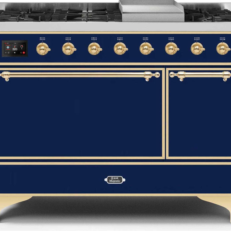 ILVE Majestic II 48" Propane Gas Burner, Electric Oven Range in Midnight Blue with Brass Trim, UM12FDQNS3MBGLP