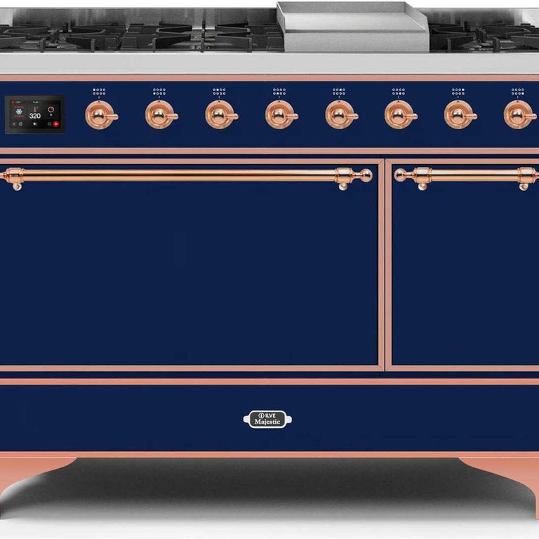ILVE Majestic II 48" Natural Gas Burner, Electric Oven Range in Midnight Blue with Copper Trim, UM12FDQNS3MBPNG