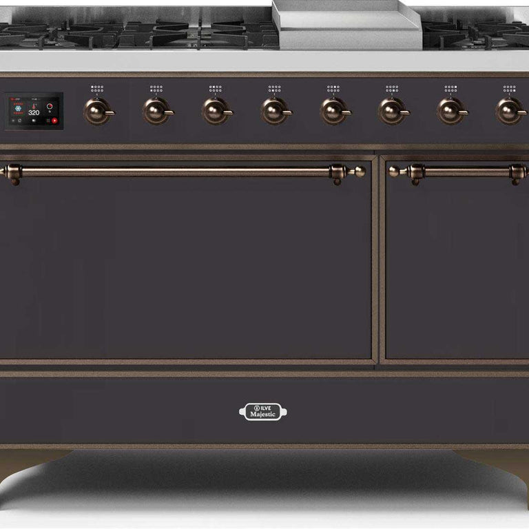 ILVE Majestic II 48" Propane Gas Burner, Electric Oven Range in Matte Graphite with Bronze Trim, UM12FDQNS3MGBLP