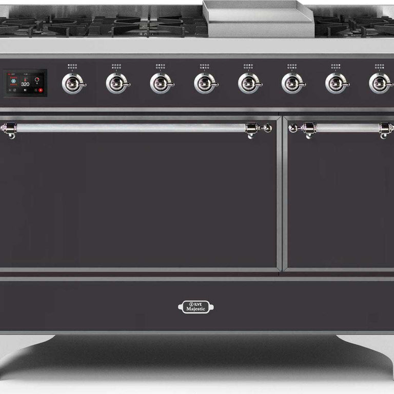 ILVE Majestic II 48" Propane Gas Burner, Electric Oven Range in Matte Graphite with Chrome Trim, UM12FDQNS3MGCLP