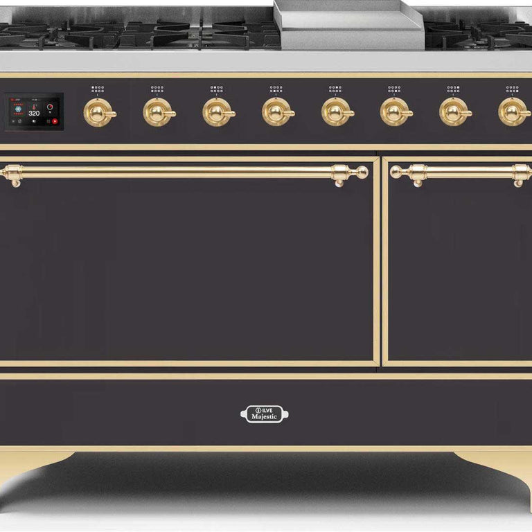 ILVE Majestic II 48" Propane Gas Burner, Electric Oven Range in Matte Graphite with Brass Trim, UM12FDQNS3MGGLP