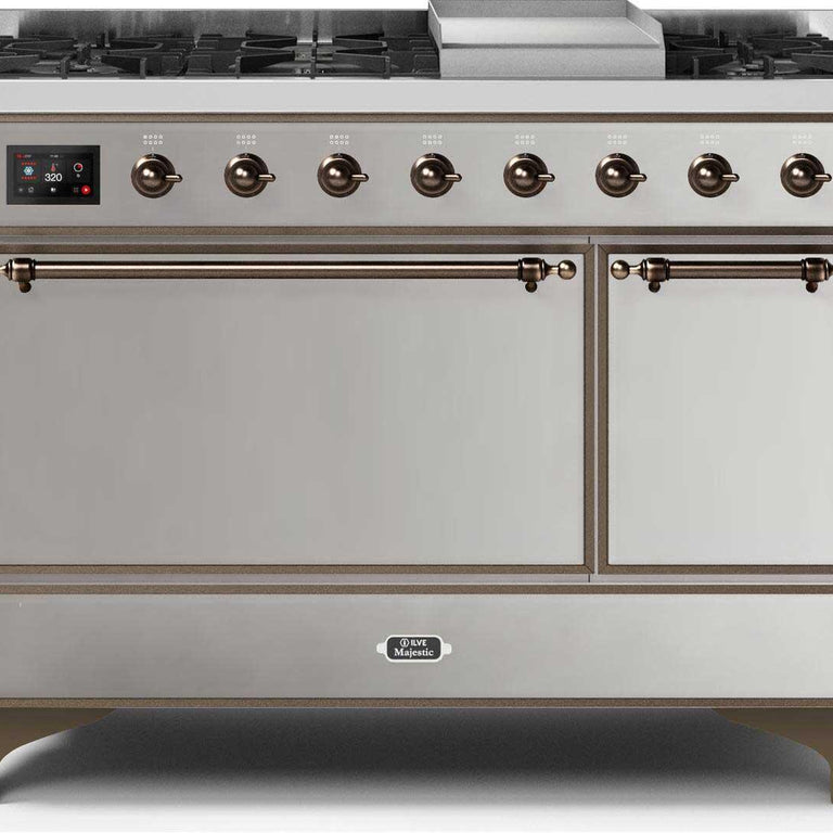 ILVE Majestic II 48" Propane Gas Burner, Electric Oven Range in Stainless Steel with Bronze Trim, UM12FDQNS3SSBLP
