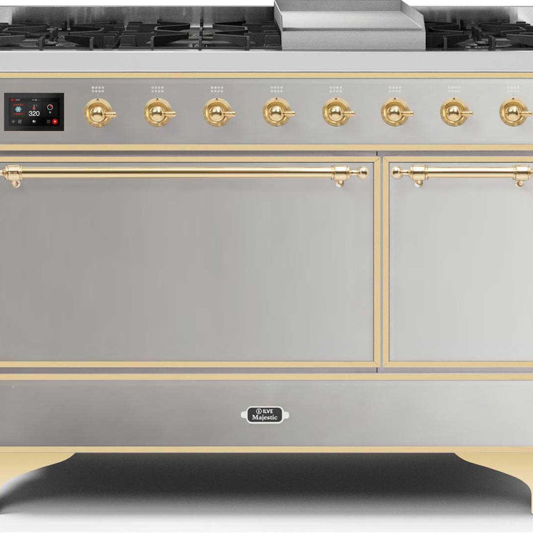 ILVE Majestic II 48" Natural Gas Burner, Electric Oven Range in Stainless Steel with Brass Trim, UM12FDQNS3SSGNG