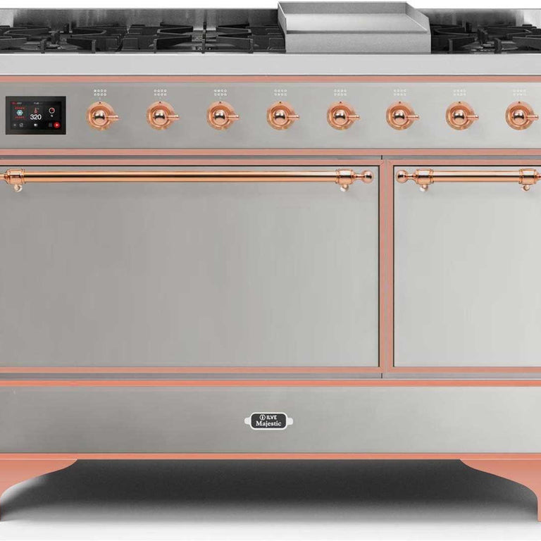 ILVE Majestic II 48" Natural Gas Burner, Electric Oven Range in Stainless Steel with Copper Trim, UM12FDQNS3SSPNG