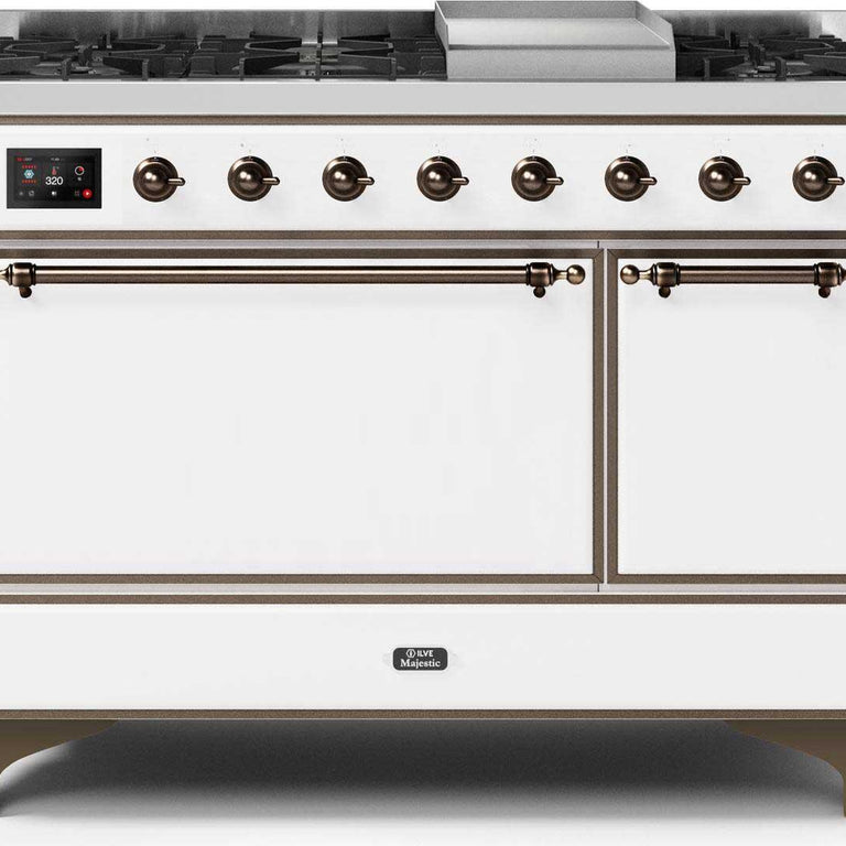 ILVE Majestic II 48" Natural Gas Burner, Electric Oven Range in White with Bronze Trim, UM12FDQNS3WHBNG