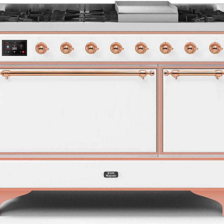 ILVE Majestic II 48" Propane Gas Burner, Electric Oven Range in White with Copper Trim, UM12FDQNS3WHPLP