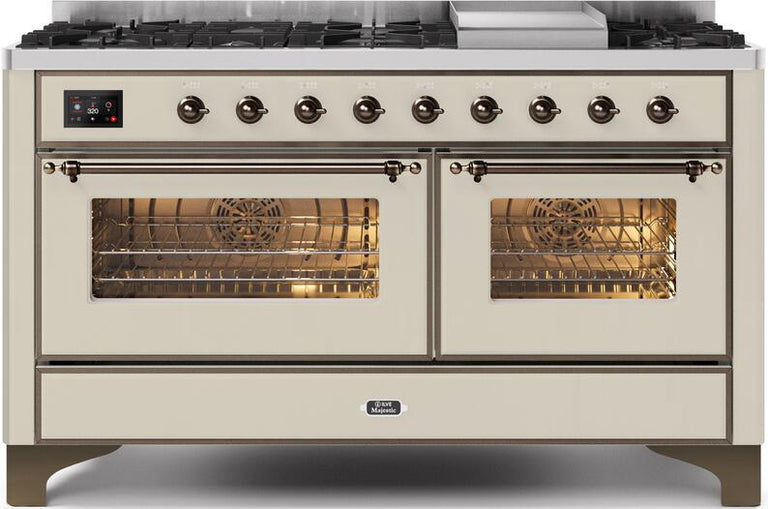 ILVE Majestic II 60" Natural Gas Burner, Electric Oven Range in Antique White with Bronze Trim, UM15FDNS3AWBNG