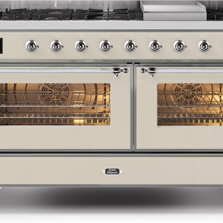 ILVE Majestic II 60" Natural Gas Burner, Electric Oven Range in Antique White with Chrome Trim, UM15FDNS3AWCNG