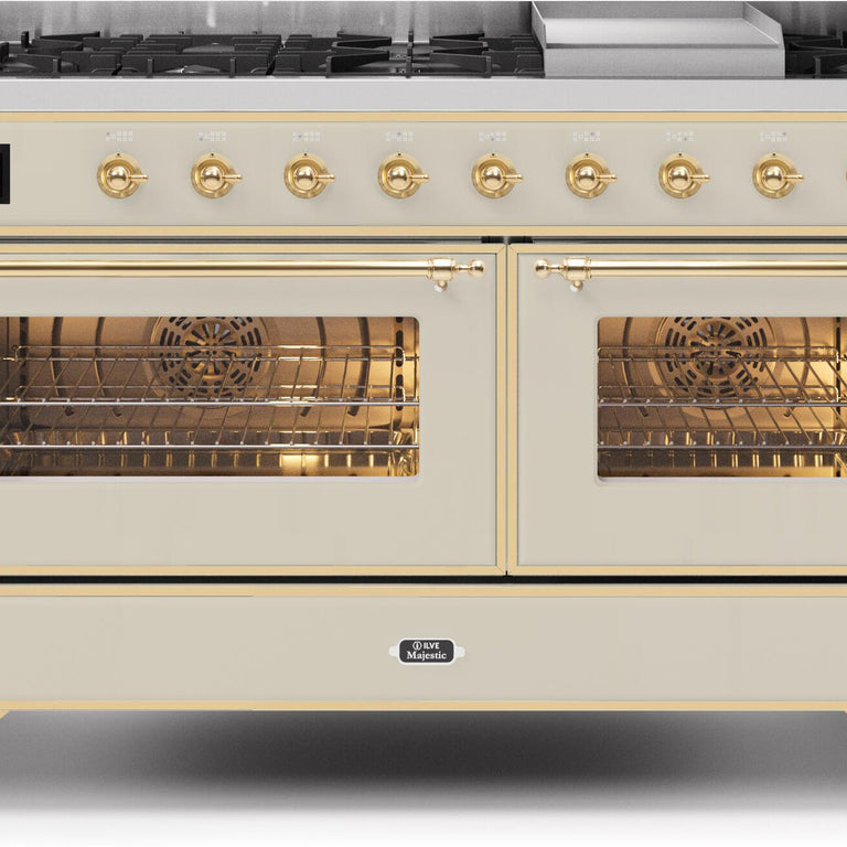 ILVE Majestic II 60" Propane Gas Burner, Electric Oven Range in Antique White with Brass Trim, UM15FDNS3AWGLP